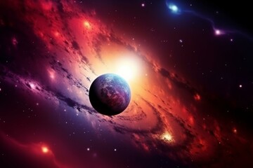 Colorful planet in space surrounded by a galaxy. Generative AI
