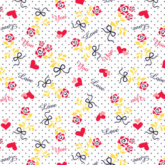 Roses pattern  with hearts in polka dots background