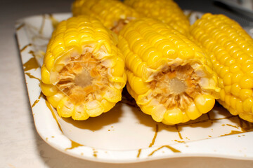 Closeup view of a boiled corn on the cob	