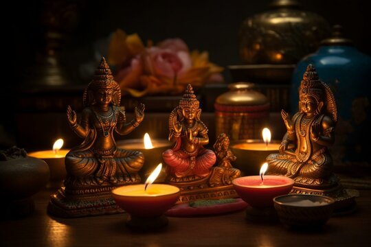 celebration of Diwali with worship of deities. Generative AI