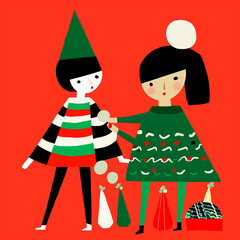 children and christmas tree abstract basic minimalist illustration for cards and social media