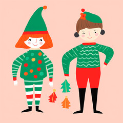 children celebrating Christmas in Christmas clothes abstract basic minimalist illustration for cards and social media