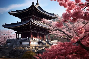 Temple with cherry blossoms. Generative AI