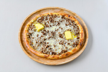 Kiymali pide.Turkish pide with minced meat. Turkish pizza mince pita Pide on white background. Etli ekmek. Kusbasi kasarli, kiymali kasarli, kiymali yumurtali,  tirnak Trabzon, Bafra, Kusbasili pide.