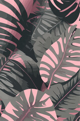 Pink and Grey Monstera Leaves Texture in Flat 2D Vector Art