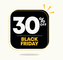 30% off banner. Black friday sale campaign. Sticker, tag, discount price. Social media marketing. Special offer, liquidation, promotion. Vector, design, icon