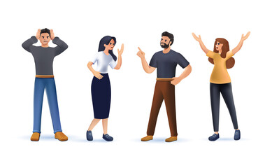 vector illustration design concept on white background. a set of a couple of people quarrel and swear 3D illustration. Aggressive people yell at each other. design graphics in a flat 3D cartoon stye