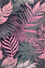 Pink and Grey Monstera Leaves Seamless Pattern in Flat 2D Vector Format