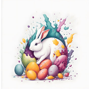 Easter Bunny and Eggs Illustration - With Colorful Paint Splashes
