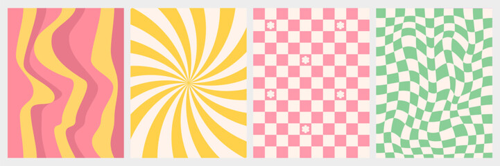 Cool retro backgrounds of the 70s in pink and yellow colors. Chess board, wavy patterns. Vector posters with lines, squares and hearts, flowers in a groovy style. Aesthetics of Y2k.	