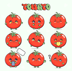 Tomato characters bundle set. Vector hand drawn doodle style cartoon character illustration icon design. Isolated on light green background. Cute tomato mascot character collection
