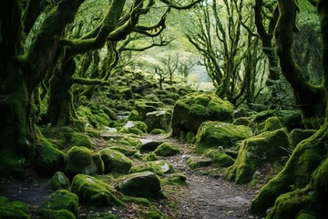 Ancient woodland with lush moss on stones and ground. Generative AI