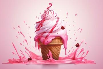 Tempting cone ice cream adorned with a pink splash on a background. Illustration. Generative AI