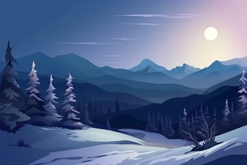 Illustration of snow-covered trees and mountains on a winter evening landscape. Generative AI