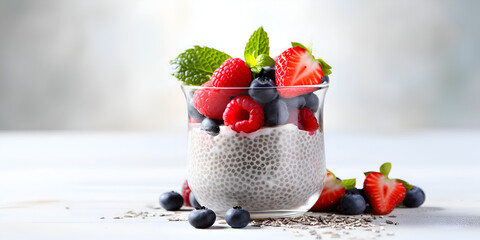 Delicious chia pudding with fresh berries in a glass jar on table with blurred background, healthy dessert concept  - obrazy, fototapety, plakaty
