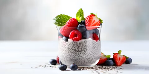Fotobehang Delicious chia pudding with fresh berries in a glass jar on table with blurred background, healthy dessert concept  © TatjanaMeininger