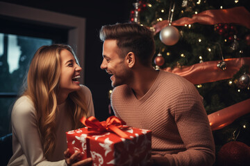 Obraz na płótnie Canvas couple on christmas day opening gifts