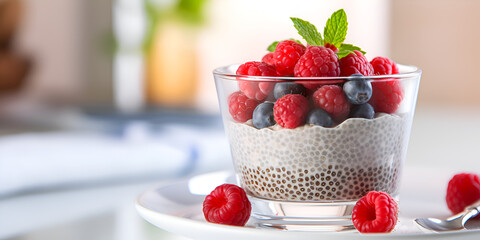 Delicious chia pudding with fresh berries in a glass jar on table with blurred background, healthy dessert concept  - obrazy, fototapety, plakaty