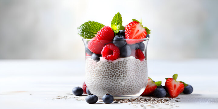 Delicious chia pudding with fresh berries in a glass jar on table with blurred background, healthy dessert concept