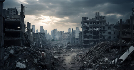 destroyed city, house explosions, burned city street, Smoke rise, bombed destroyed buildings, Apocalyptic view, - obrazy, fototapety, plakaty