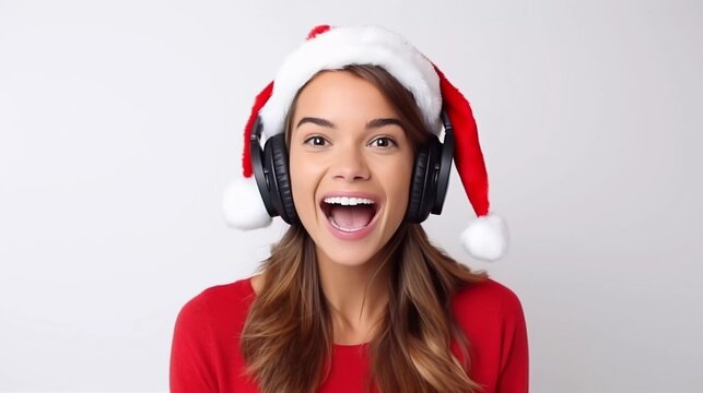 Young Woman Wearing Santa Hat Posing Listening To Music In Headphones And Singing, On Isolated White Background
