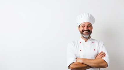 Happy chef, standing on a clear white background with lots of copy space on the right side created with Generative AI