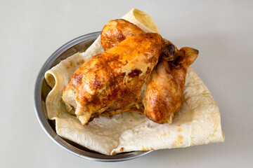 Chicken wings barbeque in a dish with BBQ grill sauce . Izgara tavuk kelebek sis kanat. Tavuk sis, gogus.