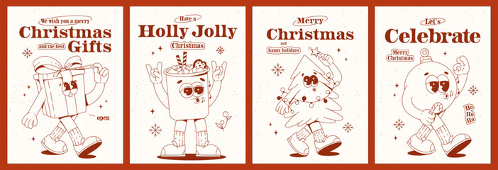 Merry Christmas Retro Groovy Posters set witn funny cartoon characters. Gift box, cocoa, christmas tree, toy ball. Vibes in 60s-70s style. Monochrome palette.