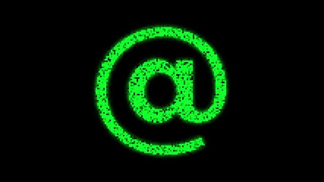 At sign animation, 8bit glowing pixels effect, green and white options, loopable animations in black background.