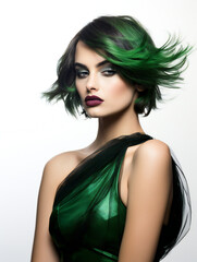 Partying woman portrait with green style. Isolated white background. Generative AI