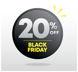 20% off. Black friday sale tag, ads. Special offer, discount, promotion. Market, shopping. Sign, label, banner, marketing. Vector, design, set