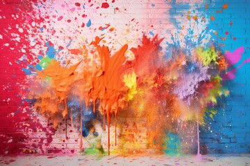 Colorful paint splashes in front of a wall. Generative AI