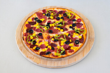 Delicious mixed pizza with rich content. Menu concept of choice and diversity. Pepperoni, Formaggi, Veggie, Karisik pizza