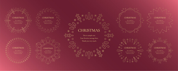 素材_フレームのセット_クリスマスをモチーフにした冬の飾り枠。赤と金の高級感のある囲みのデザイン