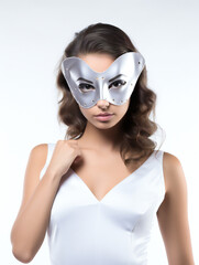 Partying woman portrait with anonymous mask style. Isolated white background. Generative AI