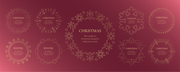 素材_フレームのセット_クリスマスをモチーフにした冬の飾り枠。赤と金の高級感のある囲みのデザイン