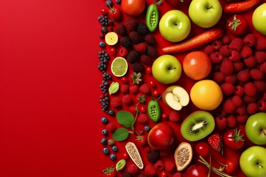 Flat-lay with red and green fruits, berries, vegetables, and spices on a red background; banner. Generative AI