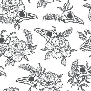 Vector Seamless Pattern with Bouquets of Raven Bird Skulls, Rose Flowers, Leaves and Feathers. The Day of the Dead, Halloween or Gothic and Mystic Design. Black and white background