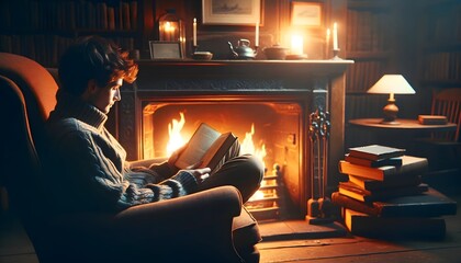 Cozy Home Library Scene with Fireplace and Reading Person