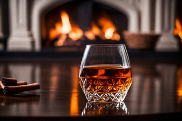 Glass of cognac on the background of a burning fireplace
