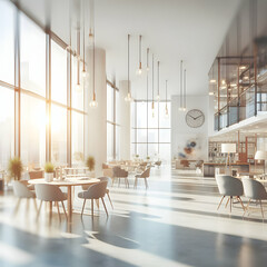 Blurred Background of a Light Modern Office Interior with Panoramic Windows