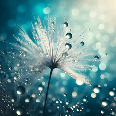 Dandelion Seeds in Droplets of Water on Blue and Turquoise Background with Soft Focus in Nature Macro