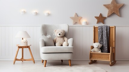 a small baby chair standing in a pristine white room with stars adorning the walls, the scene with a plush white carpet, a cabinet filled with books, a cuddly teddy bear, and a vibrant potted plant