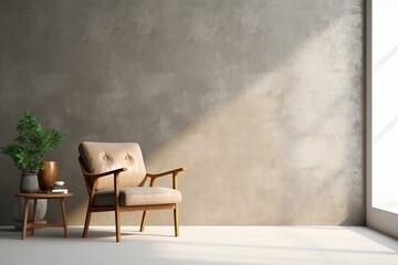 Background with armchair and furniture, empty wall mockup, 3D rendering. Generative AI