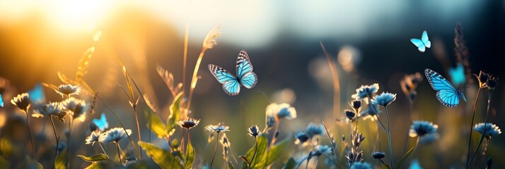 Blue butterflies on the background of a blurry meadow - obrazy, fototapety, plakaty