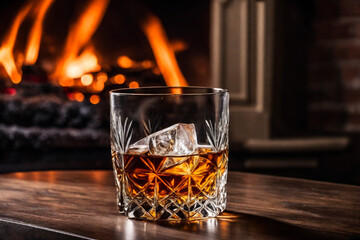Glass of whiskey with ice on the background of a burning fireplace