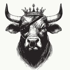 Portrait of Bull with diadem and eye patch. Hand-drawn illustration