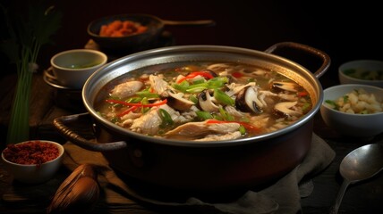 South Korea's traditional chicken soup, abalone, and ginseng presented elegantly, there's abundant open space for text to convey the essence of this nourishing dish.