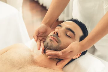 Poster Caucasian man enjoying relaxing anti-stress head massage and pampering facial beauty skin recreation leisure in dayspa modern light ambient at luxury resort or hotel spa salon. Quiescent © Summit Art Creations