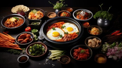 a delectable spread of Korean traditional food elegantly arranged on a table. The abundant open space is ideal for including text or descriptions of these flavorful dishes.